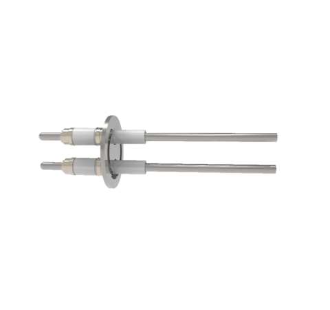 0.250 Conductor Diameter 2 Pin 25kV 56 Amp Nickel Conductor Ceramic Extension on Vacuum Side in a KF40