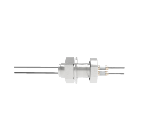 2 Pin Baseplate Feedthrough 2kV 28 Amp 0.094 Molybdenum Conductor 1 inch Bolt
