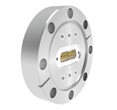 15 Pin Sub D 24308 Series 500V, 5 Amp, With 6 each 50 Ohm SMP Connectors in a CF3.375 Conflat Flange