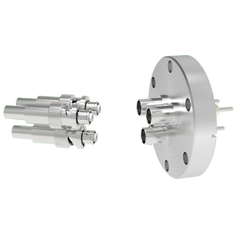 SHV Grounded Shield Exposed 5kV 10 Amp 0.094 Nickel Conductor 3 each in a CF2.75 Flange With Plug