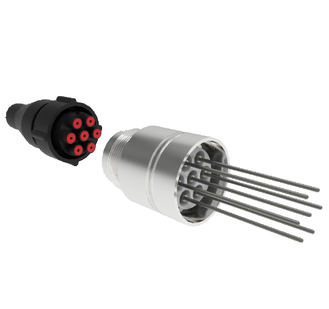 7 Pin, 12kV, 13 Amp Feedthrough, .062 Inch Diameter Molybdenum Conductors, Weld in, With Plug