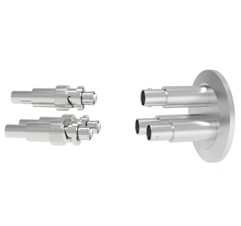 SHV Grounded Shield Recessed 5kV 10 Amp 0.094 Nickel Conductor 3 each in a KF40 Flange With Plug