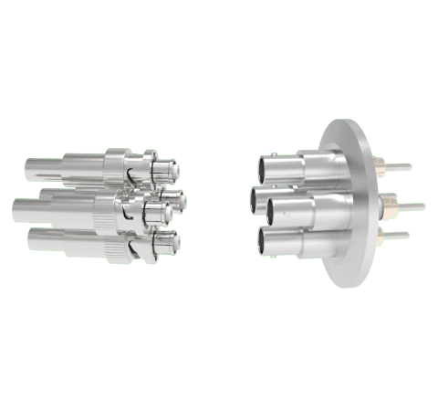 SHV Grounded Shield Exposed 5kV 10 Amp 0.094 Nickel Conductor 3 each in a KF40 Flange With Plug