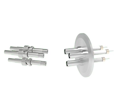 SHV Grounded Shield Exposed 10kV 8.2 Amp 0.051 Nickel Conductor 3 each in a KF50 Flange With Plug