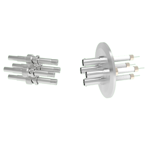 SHV Grounded Shield Exposed 10kV 8.2 Amp 0.051 Nickel Conductor 4 each in a KF50 Flange With Plug