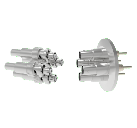 SHV Grounded Shield Exposed 5kV 10 Amp 0.094 Nickel Conductor 4 each in a KF40 Flange With Plug