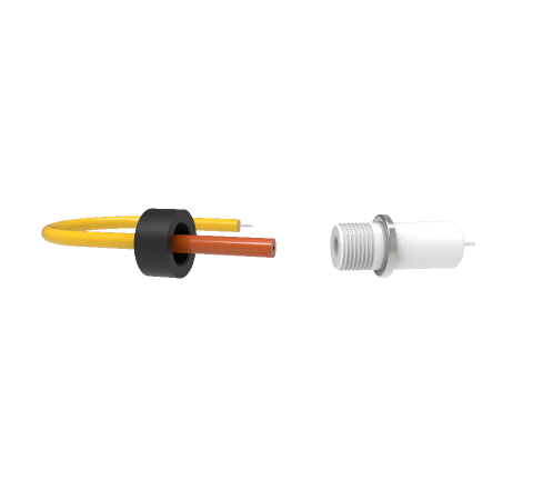 Single-Pin Threaded Ceramic Feedthrough, Nickel-Plated Conductor, 40KV, 10 Amp, Weld In, With Plug