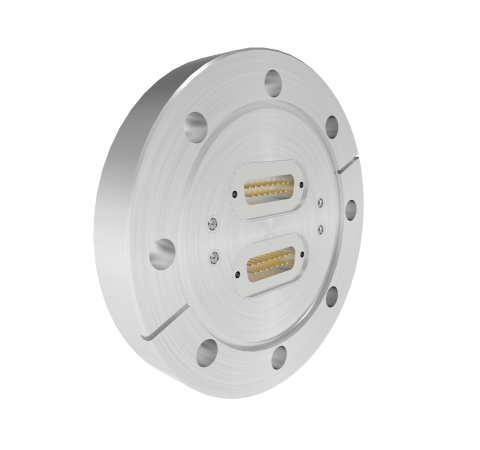 15 Pin Sub D 24308 Series 500V, 5 Amp, With 4 each 50 Ohm SMP Connectors in a CF4.50 Conflat Flange