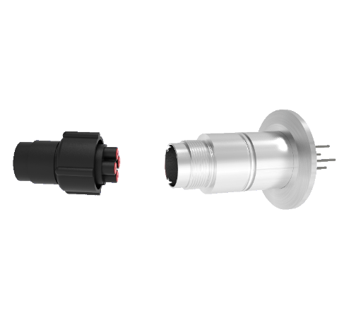 4 Pin Feedthrough, 12KV, 13 Amp, 0.062 inch Diameter Molybdenum Conductors, KF40 Flange, with Plug