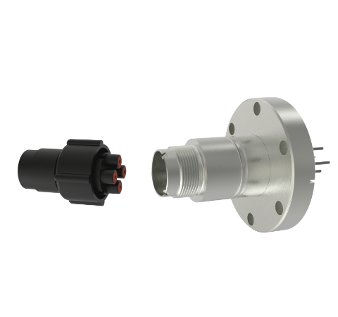 4 Pin, 12KV, 13 Amp Feedthrough, 0.062 inch Diameter Molybdenum Conductors, CF2.75 Flange, With Plug