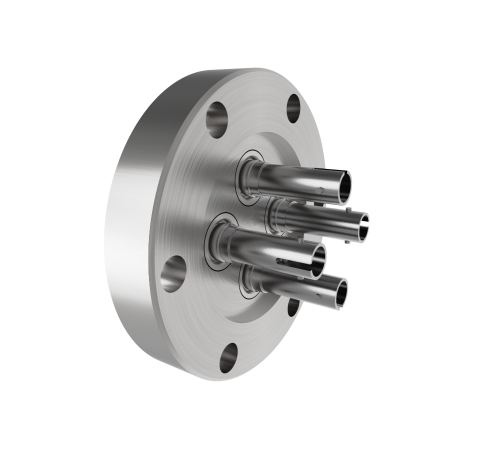 Four Fiber Optic Feedthroughs, Multimode, Hermetic, ST-ST Adapters, in a CF2.75 Conflat Flange