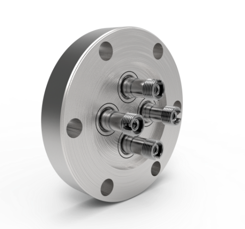 Four Fiber Optic Feedthroughs, Multimode, Hermetic, FC-FC Adapters, in a CF2.75 Conflat Flange, 62.5/125µm