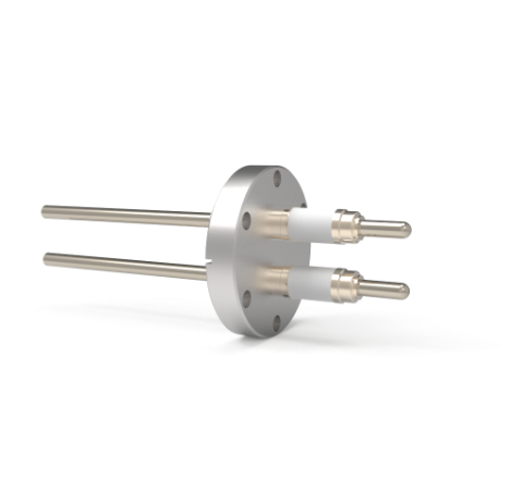 0.250 Conductor Diameter 2 Pin 25kV 56 Amp Nickel Conductor Ceramic Extension on Vacuum Side in a CF2.75